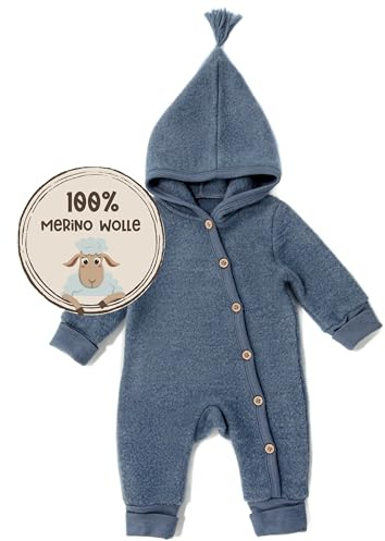 MIRARI Kids Tuta in lana per bambini, 100% lana di pile, per autunno e inverno, con bottoni e cappuccio, Blu, 12 Mesi