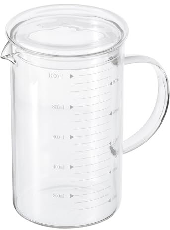 PATIKIL 1000ml Misurino in Vetro, 3,3 Vetro Borosilicato Graduato Bianco Bicchiere Dosatore Liquidi in Scale Stampata con Coperchio Vetro Beccuccio a V per Cucina