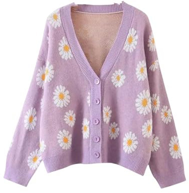 CBLdF Maglione Donna Stampa di Moda Magionlo Morbido Signore A Manica Piena Floreale A V-Scollo A V-Scollo Streetwear Cardigan-Viola-XL