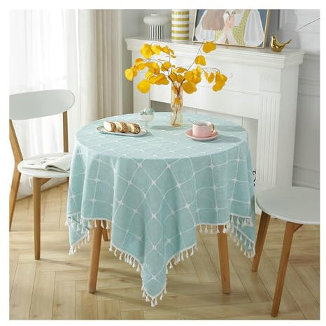 Gualiy Tischdecke Rund Modern, Tischtuch 220CM Polyester Tischdecke Abwaschbar Esszimmer Karomuster mit Quasten Tischdecken für Couchtisch, Cyan