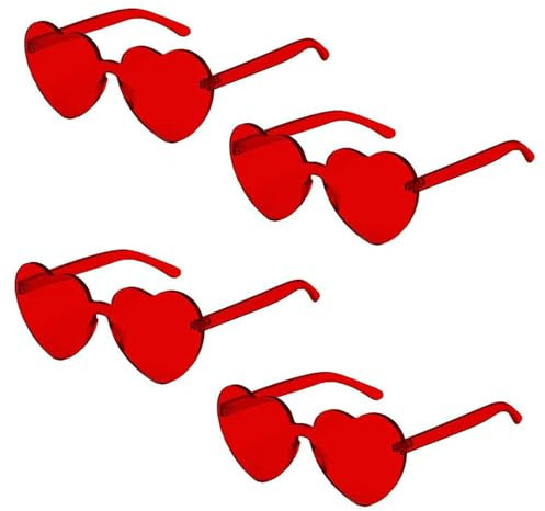 Hippie Herzförmige Brille, Randlose Herz Brille, Herz Sonnenbrille, Retro Herzbrillen, Herzförmige Brille, Retro Partybrille für Strand, Sommer Feste, Fasching, Party, Hippie Zubehör, Rot, 4 Stück