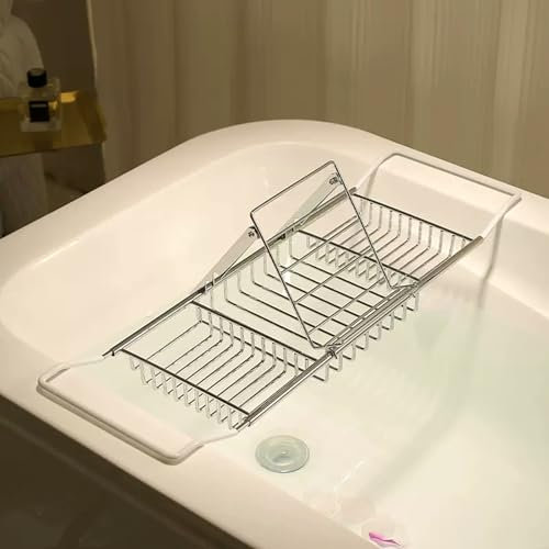 Badewannenablage aus Edelstahl mit Verstellbarer Tablet-Halterung, 26 bis 39 Zoll einziehbarer Badewannen-Caddy-Halter, multifunktionales Bad-Organizer-Zubehör (Farbe: Silber)