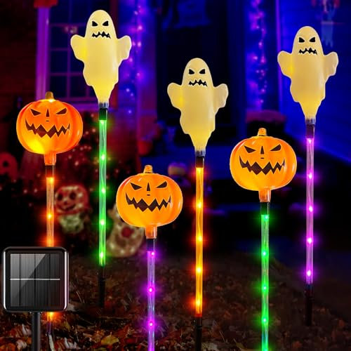 Halloween Deko Outdoor Garten 6 Stück Kürbis Deko Outdoor, Halloween Deko Kürbis Lichterkette Wasserdicht Solarlampen Draußen Kürbis Geister LED Beleuchtung Laterne für Außen Party Grabstein Haus (B)