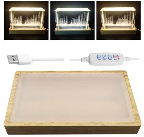 Helligkeit einstellbare Kristalllicht-Displaybasis für Kunstglas, 3-Farben dimmbare Nachtlicht Holzständer, rechteckige LED-Lichtbasis für 3D-Kristallglas-Kunstlicht (Gelb, 1 Stück)