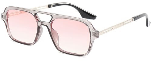 RUNHUIS Vintage Klassische 70er Jahre Quadratische Sonnenbrille für Damen Herren Trendy Retro Slim Rechteck Brille Transparent Grau-Silber/Rosa