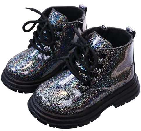 SEAUR Bambina Stivali Corti Antiscivolo Stivali Autunnali con Lacci Ragazzi Ragazze Stivali Lucidi Scarpe Glitterate in Pelle Suola Morbida Nero 28 EU
