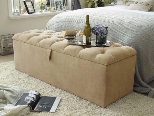 Ottoman Storage Box - Rectangular Storage Pouffe Stool Footstool with Storage - Turin Fabric Upholstered Blanket Box - End of Bed Bench Toy Storage (Beige, 5ft King Size)