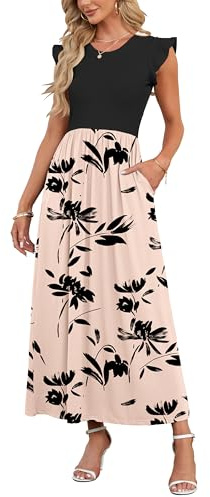 AUSELILY Damen Sommer Rundhalsausschnitt Maxi Kleid mit Taschen Kurzarm und Rüschen Lässiges Hohe Taille Langes Lockeres Bodenlanger Rock Braun Schwarz Blüten S