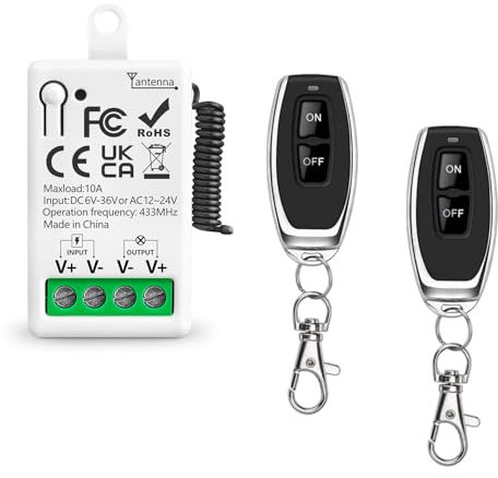 Tedeligo Commutateur De Télécommande Sans Fil 433Mhz Contrôle Radio DC 6V 12V 24V AC12V 24V 10A Relais Récepteur Et 2 Émetteur Pour L'éclairage Ventilateur Mini Moteur Courant Continu