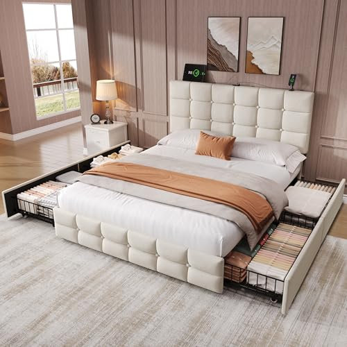 4ft6 Double Bed Frame Upholstered Platform Bed with 4 Storage Drawers&USB Type-C Charging&Adjustable Button Tufted Headboard, Velvet, Metal-Wood Support, No Box Spring Needed, Easy Assembly, Beige