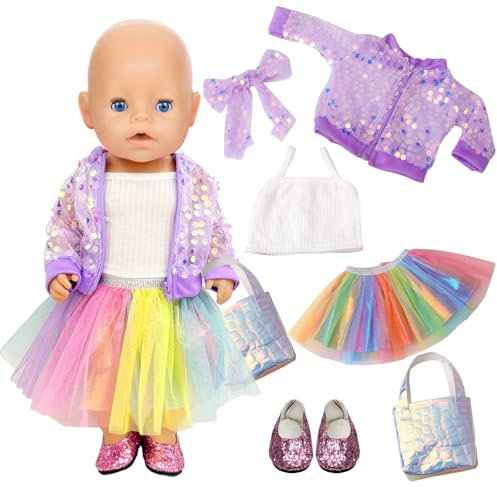 6 Lila Pailletten Puppenkleidung für 35-45 cm Baby Puppen, Puppenkleid Zubehör mit Weste Mantel Tutu Haarschmuck mit Schleife Schuh für 14-18 Zoll Neugeborene Baby Puppen Kinder Geburtstag