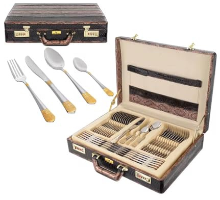 Besteckkasten Medusa 24k 72 Teile 12 Personen Exklusiv Luxus Besteck Set mit Lederkoffer 18/10 Edelstahl Hochwertig und Spülmaschinenfest