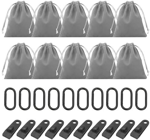 Tragbare Gewichtstasche für Pavillon-Vorhänge im Freien, 10 Braun Nylon Gewichtstaschen mit 10 Karabiner & 10 Clips für Befestigen von Außenvorhängen, Zelten, Tischdecken, Sport, Home, Reise (Grau)