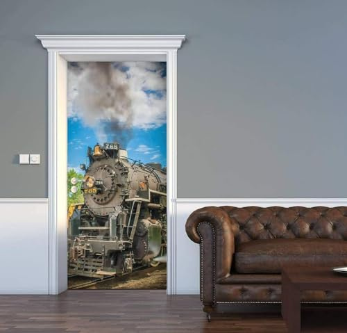 Türtapete Selbstklebend 100x200 Fenster Türfolie Türposter Dampflok Retro Türklebefolie Wandbild Türaufkleber Wandtapete 3D Effekt für Wohnzimmer Schlafzimmer Küche