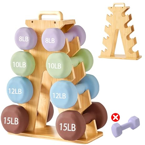 Holz-Hantelständer im A-Rahmen – 4-Etagen Gewichthalter für 3–7-kg Hanteln, Platzsparendes Fitness-Rack mit Tragegriff, Stilvolles Geschenk für Fitnessliebhaber (Hanteln separat erhältlich)