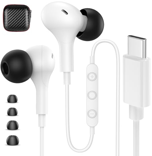 Auricolari USB C con cavo per iPhone 17 16 Pro Max Plus 15 Samsung S25 S24 Ultra S23 FE A16 A17 auricolari con cavo, cuffie di tipo C con microfono con isolamento acustico per iPad 11 10a generazione