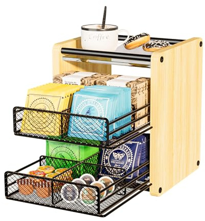 THYGIFTREE Tea Bag Holder, Tea Bag Storage with 2 Drawers, Tea Box Organiser, Wooden Tea Organiser for Coffee Station, Kitchen, Countertop, Office (Natural Wood)