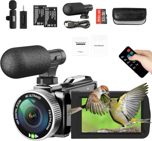 4K Video Camera Camcorder - 48MP 30FPS with Wireless Lavalier Mic & External Mic | 3 Ultra HD Screen, 18X Digital Zoom | Vlogging/YouTube Recorder + 32GB SD Card Included