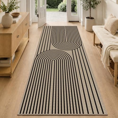 VSIWB Teppich Läufer Flur 80x200 cm Jute Aussehen Küchenteppich Waschbarer | Rutschfest Kurzflor Küchenläufer Schwarze Outdoor Teppiche für Küche, Wohnzimmer, Schlafzimmer, Diele, Eingang, Balkon