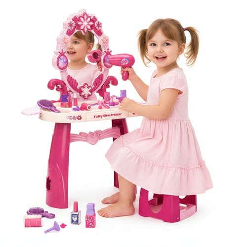 Kinderplay Coiffeuse pour Enfant avec lumière et Son, Jouet pour Filles à partir de 3 Ans, kit de Maquillage pour Enfants avec Miroir et 32 Accessoires, Fairy Glow Dresser