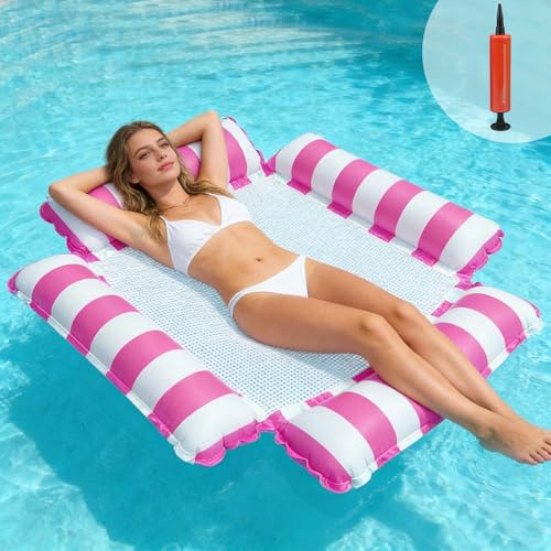 TENGWA Hamaca Hinchable Piscina 4 en 1 123 * 120cm Hamaca Flotante Piscina Colchoneta Adultos Flotadores Rosa para Adultos XL con Red y Bomba de Aire Piscinas y Playas