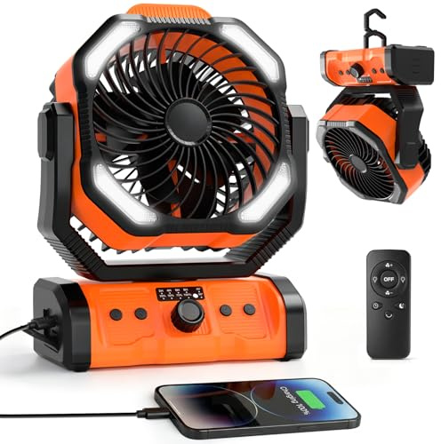 ELZO 20000mAh Camping Fan with LED Light, Portable Rechargeable Desk/Tent/USB Fan with Remote & Hook, 270°Head Rotation, Stepless Speed, with Sleep Mode for Home Outdoor Office Travel Fishing (Orange)