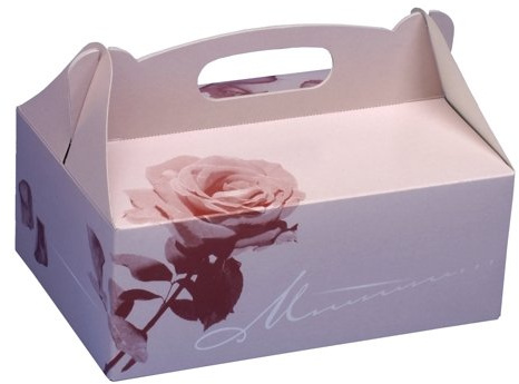 Gebäck-Kartons, Pappe eckig 23 cm x 16 cm x 9 cm rosé mit Tragegriff. Menge: 90 St
