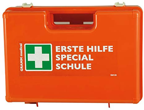 ACTIOMEDIC Medizinischer Erste-Hilfe-Kasten SCHULE, DIN 13157:2021, Notfallkoffer mit Wandhalterung, mehrsprachige Beschriftung, orange, 34 x 12 x 24 cm