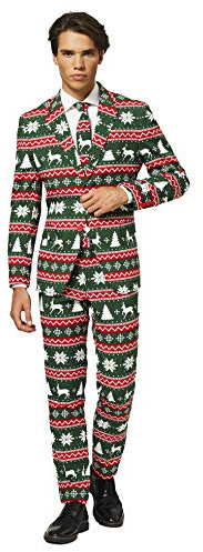 Opposuits Men's Christmas Suit - Festive X-Mas Print - Slim Fit - Green - Red and White - Includes Blazer, Pants and Tie
