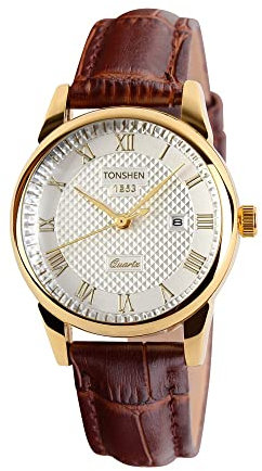 TONSHEN Damen Golden Edelstahl Uhren Analog Quarzuhr Braun Leder Band Uhren Armbanduhr Einfaches Design Damenuhr