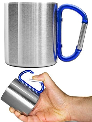 Outdoor Saxx® - Tazza da campeggio, per esterni, in metallo, 250 ml, con manico a moschettone avvitato, in acciaio inox, per escursioni, trekking, lavoro, colore: blu