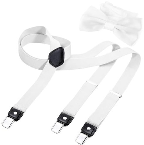 DonDon Hosenträger und Fliege Set für Damen und Herren, Y-Form, 2,5 cm breit, handgefertigt - Elegantes Accessoire für Hochzeit, Party, Smoking, Weiß