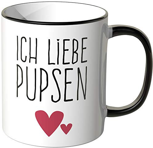 JUNIWORDS Tasse - Wähle eine Farbe - Ich liebe pupsen - Schwarz