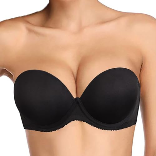Plusexy Women's Push Up Strapless Bra Thick Padded Underwire Convertible Multiway Bras Black 38D