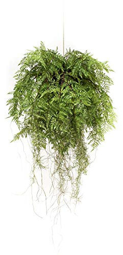 artplants.de Kunst Boston Farn Blumenampel NILO, Erdball, Wurzeln, 75cm, Ø 55cm - Deko Boston Farn - Kunst Schwertfarn