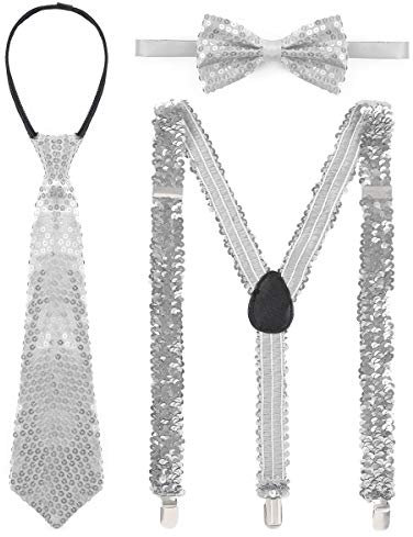iiniim Damen Hosenträger mit 3-Clips Y-Form Pailletten Hosenträger mit Fliege Zubehör Set für Cosplay Party Halloween Fasching Karneval Festzug Silber B Einheitsgröße