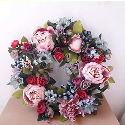 Frühlings-Kranz Türkranz mit Blumen,Künstlicher Kranz Dekorativer Wandkranz, Haustürkranz, Dekoration für Frühling und Ostern Künstlicher Blumenkranz Pfingstrosenkranz dekorativer Kranz Wandkranz