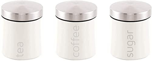 Bargain Shack Tea Coffee Sugar Canisters Set Airtight Labelled Containers for Tea & Coffee Storage Tin Storage Jars Kitchen Accessories White (Dainty - Silkwhite)