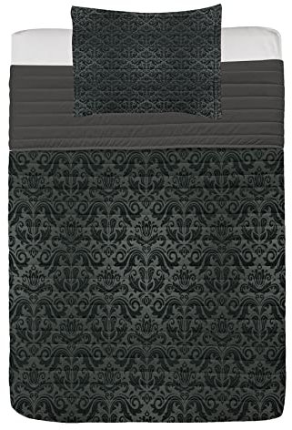 ABAKUHAUS Dunkelgrau Mikrofaser Tagesdecken Set, Schwarze Damast-Blumen, weiches Bettwäscheset mit Kissenbezügen und Steppdecke, 170 cm x 220 cm, Schwarzgrau