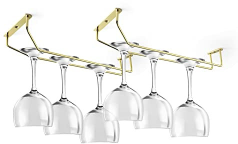 2 Pack 13.8-Inch Long Single Rail Metal Wine Glass Rack - Under Cabinet Gold Stemware Wine Glass Holder - Stainless Steel Wire Wine Glass Hanger for RV Cabinet Kitchen Bar - Shiny Brass Finish
