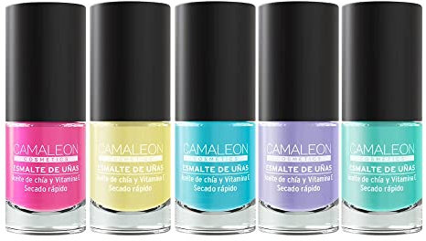 Camaleon Cosmetics - Pack Manicura Multicolor Tonos Pastel - Larga Duración - Secado Rápido - Vegano - 5 Unidades. …