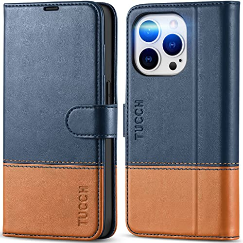 TUCCH Hülle für iPhone 14 Pro Handyhülle 2022 Schutzhülle, Blau-Braun | TPU, RFID-Blocker, stoßfest Tasche mit Ständer, Kartenfächern, Magnet, Etui kompatibel mit iPhone 14 Pro (6,1 Zoll)