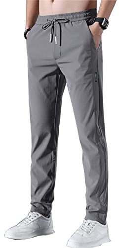 Schnell trocknende Stretch-Hose für Herren, Klassische Business-Hose mit hoher elastischer Taille, Ultra-elastische, leichte, schnell trocknende Jogginghose aus Eisseide mit Tasche. (Dark Gray,L)