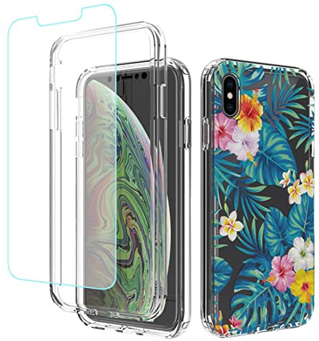 Sidande Case for iPhone Xs Max Case with Tempered Glass Screen Protector, Full Body Clear Floral TPU Slim Phone Protective Armor Cover for Apple iPhone Xs Max 6.5 (Flowers & Leaves)