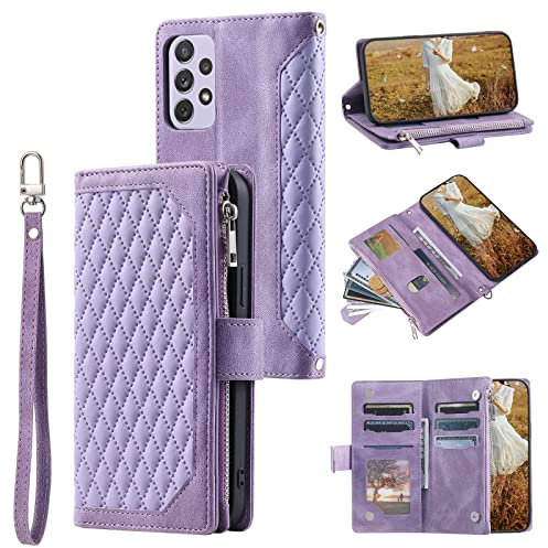 QLTYPRI Custodia a portafoglio per Samsung Galaxy A71, in pelle trapuntata, con cinturino da polso, per donne, porta carte di credito, chiusura lampo, per Samsung A71, colore: viola