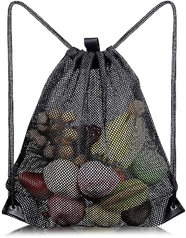 AYNKH Mesh Drawstring Backpacks Heavy Duty Black Mesh Bag for Beach Gym Shopping Swimming Outdoor Activities