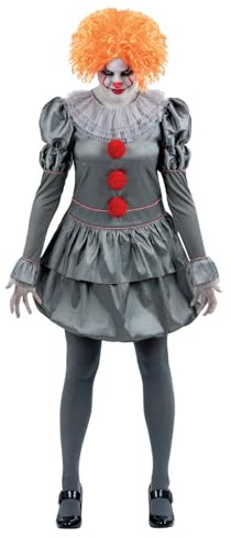 Smiffys IT Chapter Two Pennywise Kostüm für Erwachsene, Kleid mit Nackenrüschen und Strumpfhosen, grau, offiziell lizenziert, ideal für Halloween, Junggesellenabschied, Junggesellinnenabschiede, und