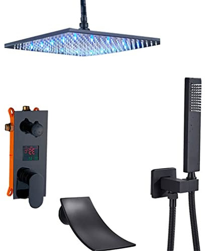 Grifo de ducha con luz negra LED Juego de ducha de baño tipo lluvia montado en la pared Caja oculta Mezcladores de ducha de una sola manija con ducha de mano (Tamaño: 12 pulgadas) ()