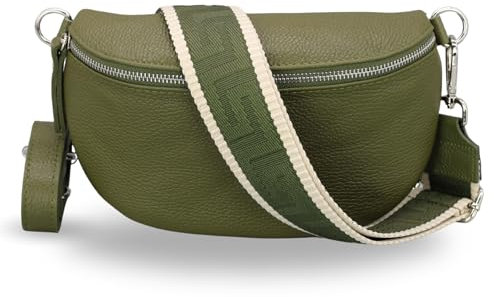ADEL Bauchtasche Damen Echtleder Emma Silber Handgemachte Umhängetasche Crossbody Bag mit Optionalen Breiten Gemusterten Riemen Stylische Hüfttasche Made in Italy (Khaki-Silber 3, Small)