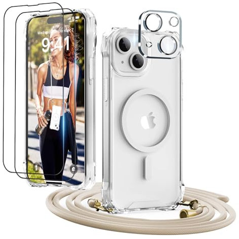 GUtttGU Handykette für iPhone 13 Hülle mit Band mit 2 Displaychutzfolie Panzerglas + 2 Kamera Schutzfolie Transparent Handyhülle Kompatibel mit Magsafe Schutzhülle Case für iPhone 13 Klar